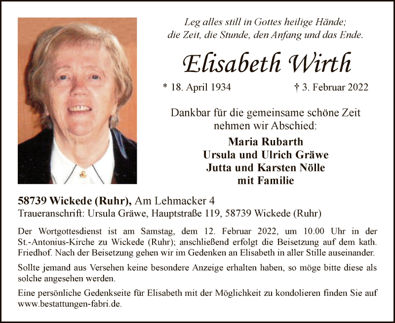  Traueranzeige für Elisabeth Wirth vom 09.02.2022 aus WA
