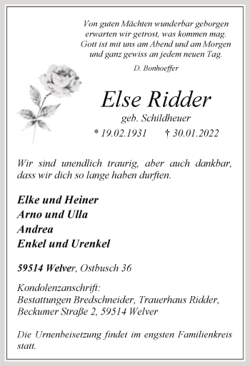 Traueranzeige von Else Ridder von WA