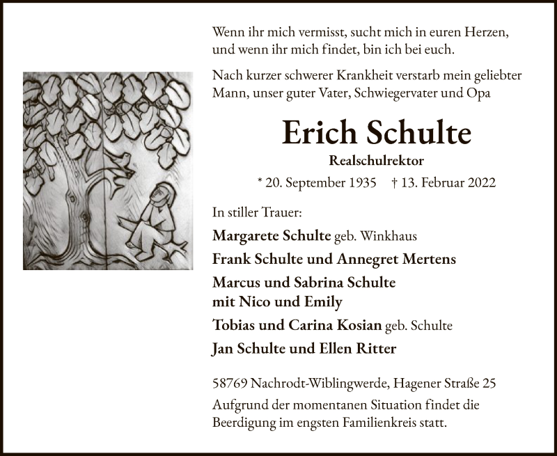  Traueranzeige für Erich Schulte vom 18.02.2022 aus WA
