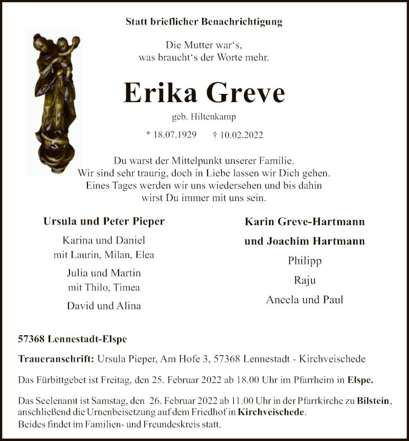  Traueranzeige für Erika Greve vom 19.02.2022 aus WA