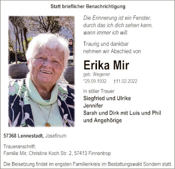 Traueranzeige von Erika Mir von WA