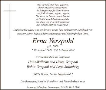 Traueranzeige von Erna Verspohl von WA