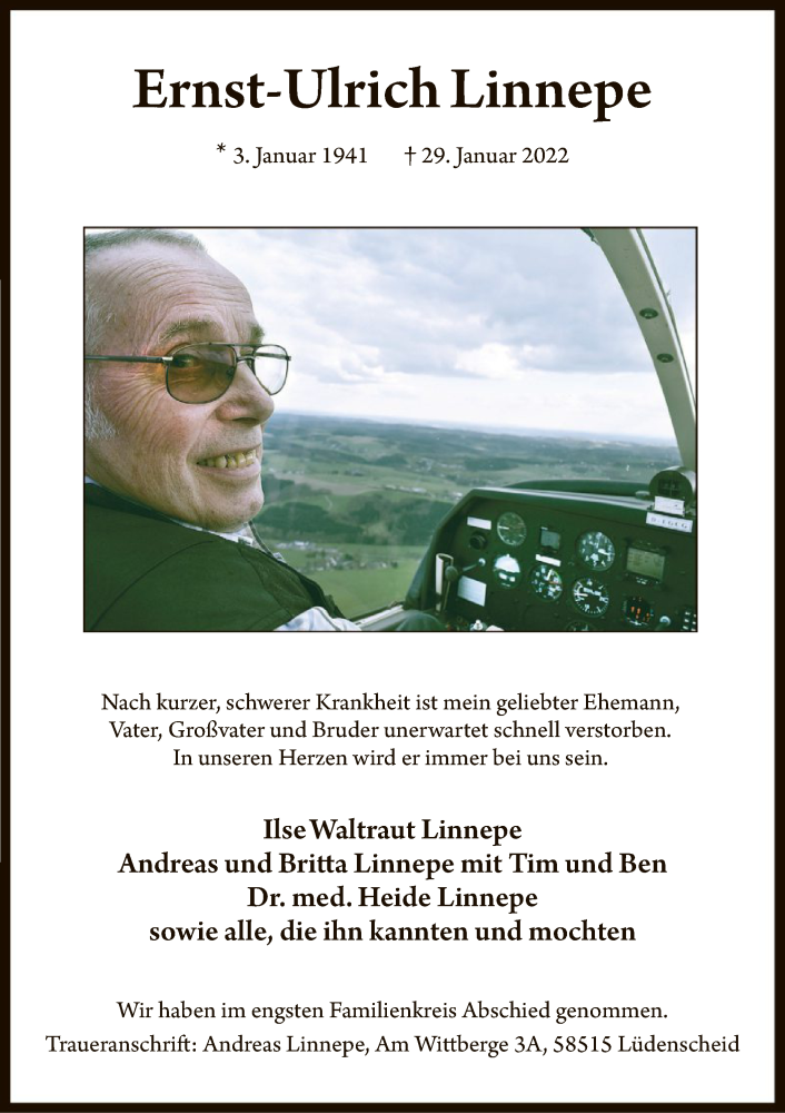  Traueranzeige für Ernst-Ulrich Linnepe vom 12.02.2022 aus WA