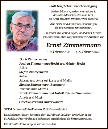 Traueranzeige von Ernst Zimmermann von WA