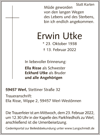 Traueranzeige von Erwin Utke von WA
