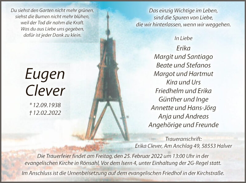  Traueranzeige für Eugen Clever vom 19.02.2022 aus WA