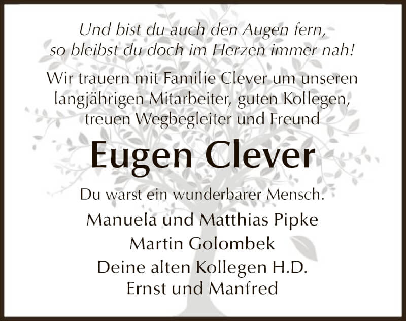  Traueranzeige für Eugen Clever vom 19.02.2022 aus WA