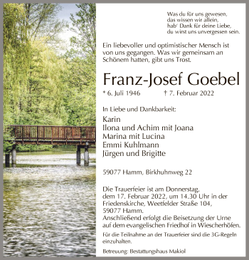 Traueranzeige von Franz-Josef Goebel von WA