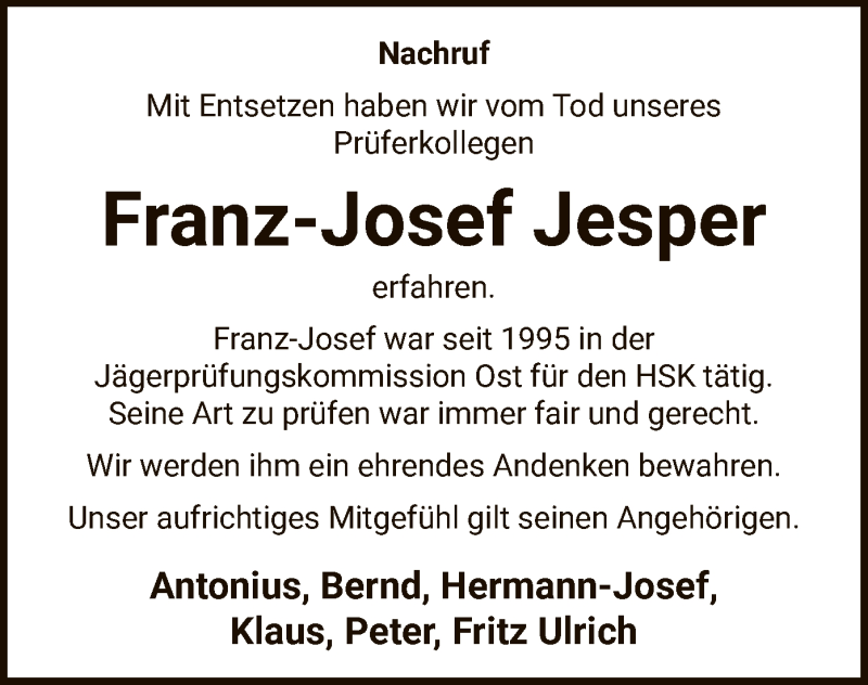  Traueranzeige für Franz-Josef Jesper vom 05.02.2022 aus WA