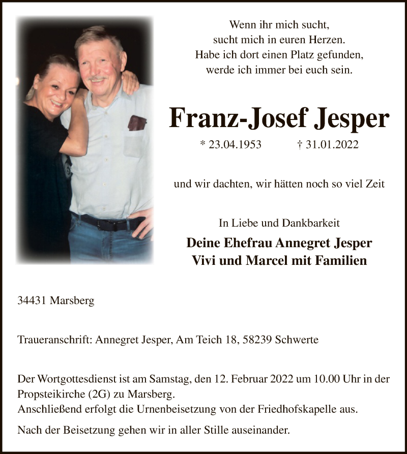  Traueranzeige für Franz-Josef Jesper vom 05.02.2022 aus WA