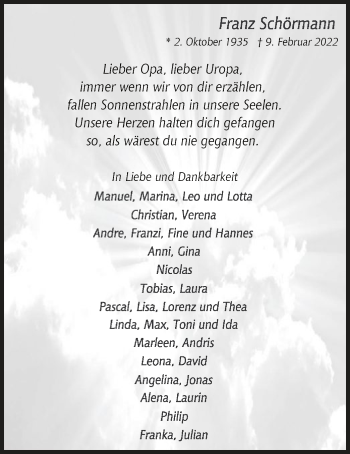 Traueranzeige von Franz Schörmann von WA