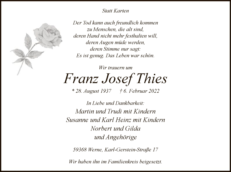  Traueranzeige für Franz Josef Thies vom 12.02.2022 aus WA