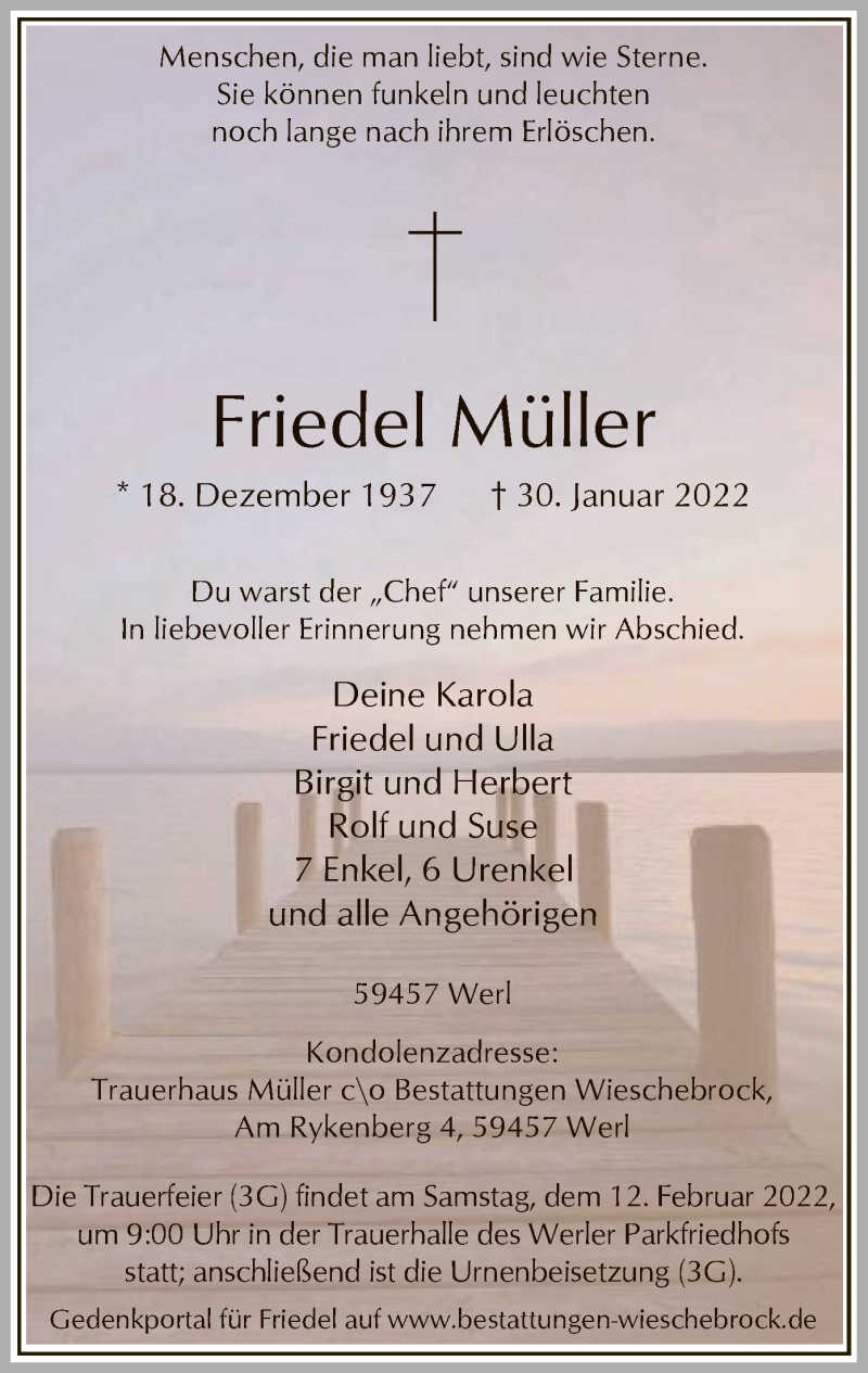  Traueranzeige für Friedel Müller vom 05.02.2022 aus WA