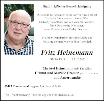 Traueranzeige von Fritz Heinemann von WA