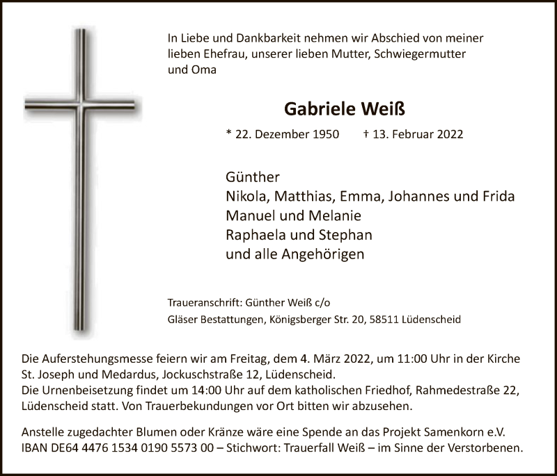  Traueranzeige für Gabriele Weiß vom 26.02.2022 aus WA