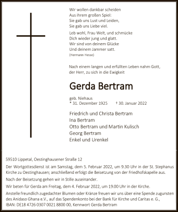 Traueranzeige von Gerda Bertram von WA