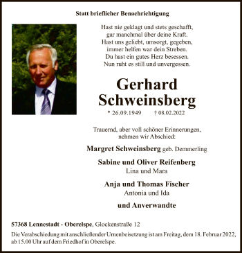 Traueranzeige von Gerhard Schweinsberg von WA