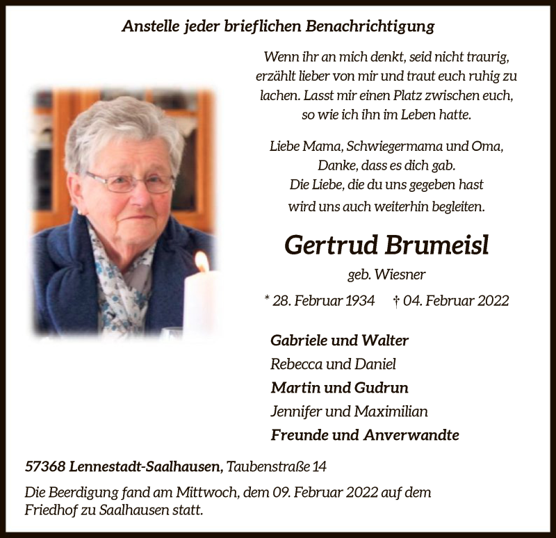  Traueranzeige für Gertrud Brumeisl vom 12.02.2022 aus WA