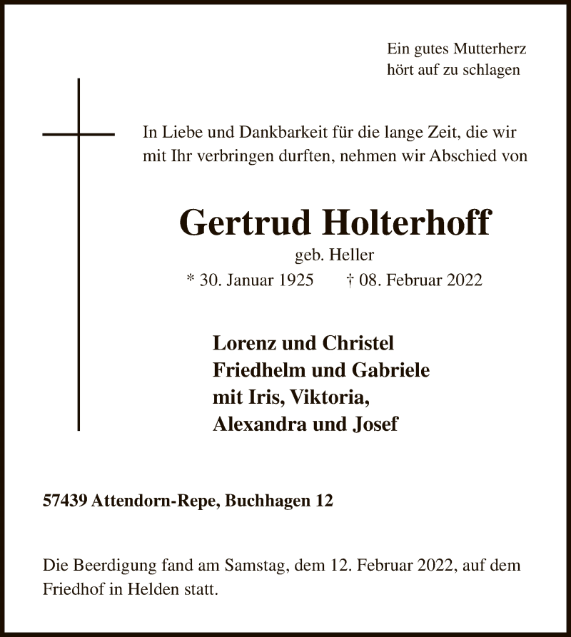  Traueranzeige für Gertrud Holterhoff vom 12.02.2022 aus WA