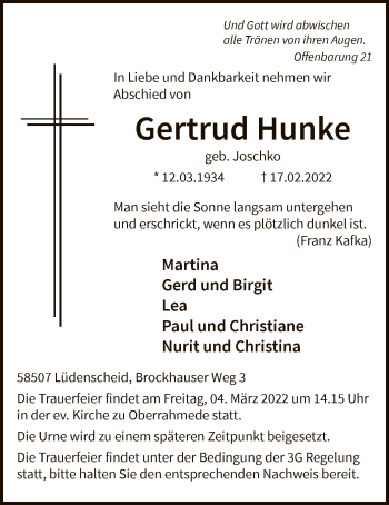 Traueranzeige von Gertrud Hunke von WA