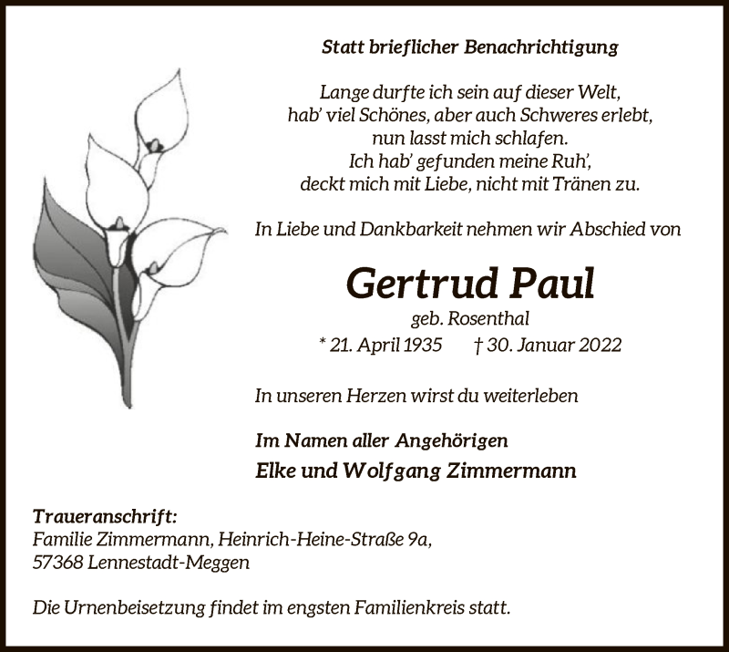  Traueranzeige für Gertrud Paul vom 05.02.2022 aus WA