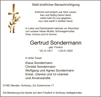 Traueranzeige von Gertrud Sondermann von WA