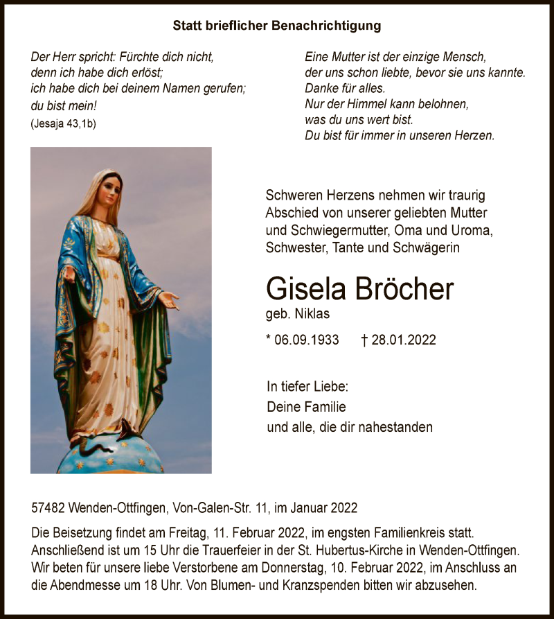  Traueranzeige für Gisela Bröcher vom 05.02.2022 aus WA