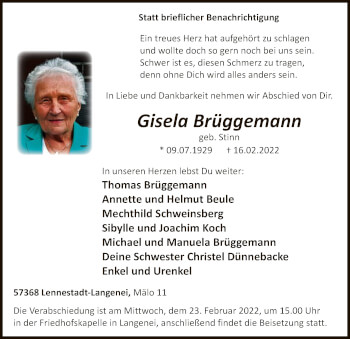 Traueranzeige von Gisela Brüggemann von WA