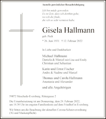 Traueranzeige von Gisela Hallmann von WA