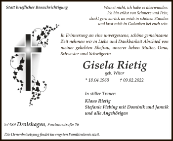 Traueranzeige von Gisela Rietig von WA