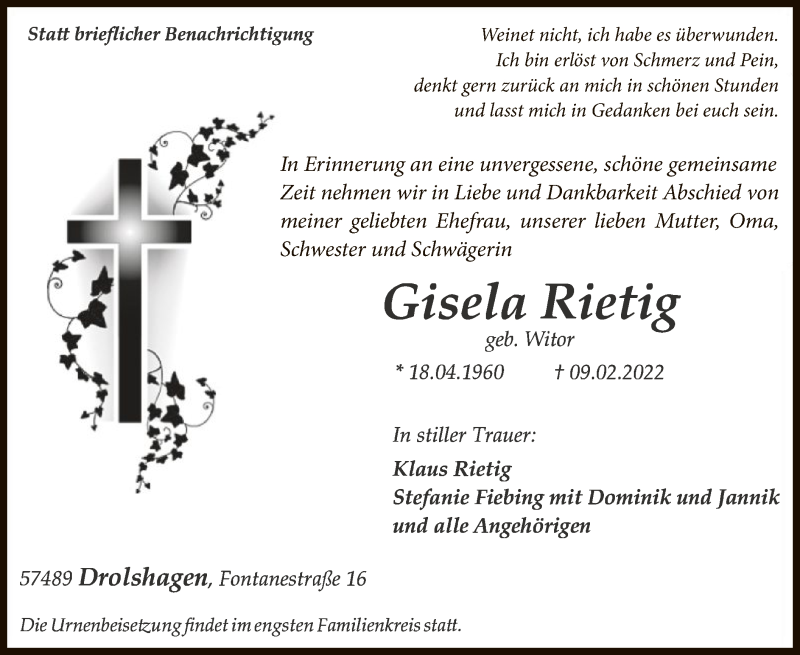 Traueranzeige für Gisela Rietig vom 12.02.2022 aus WA