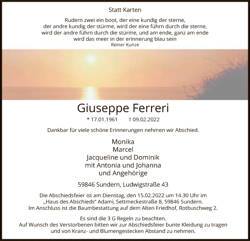  Traueranzeige für Giuseppe Ferreri vom 12.02.2022 aus WA