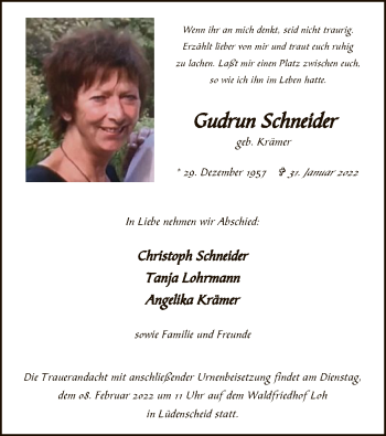 Traueranzeige von Gudrun Schneider von WA