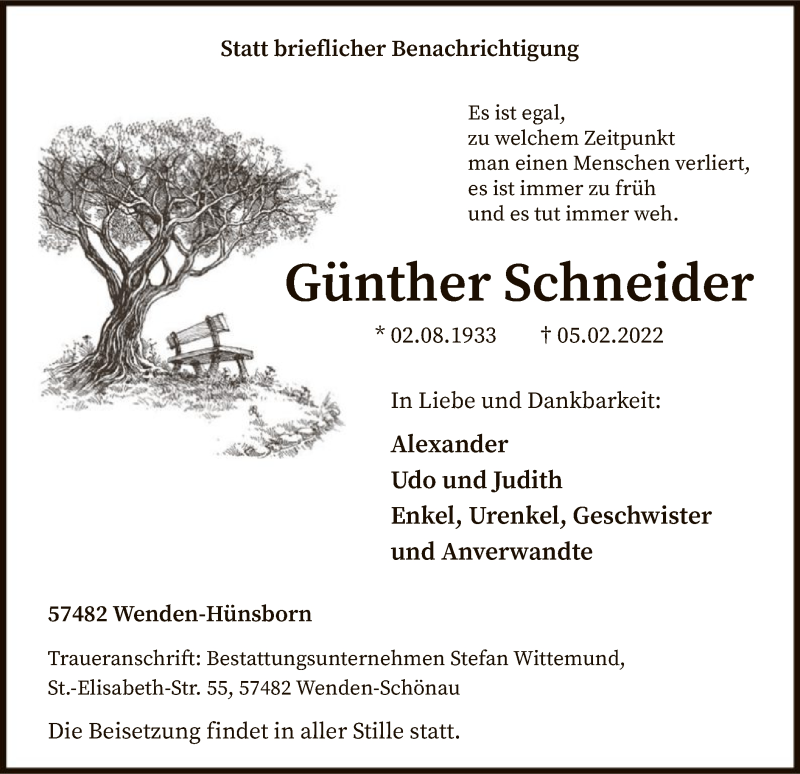  Traueranzeige für Günther Schneider vom 12.02.2022 aus WA