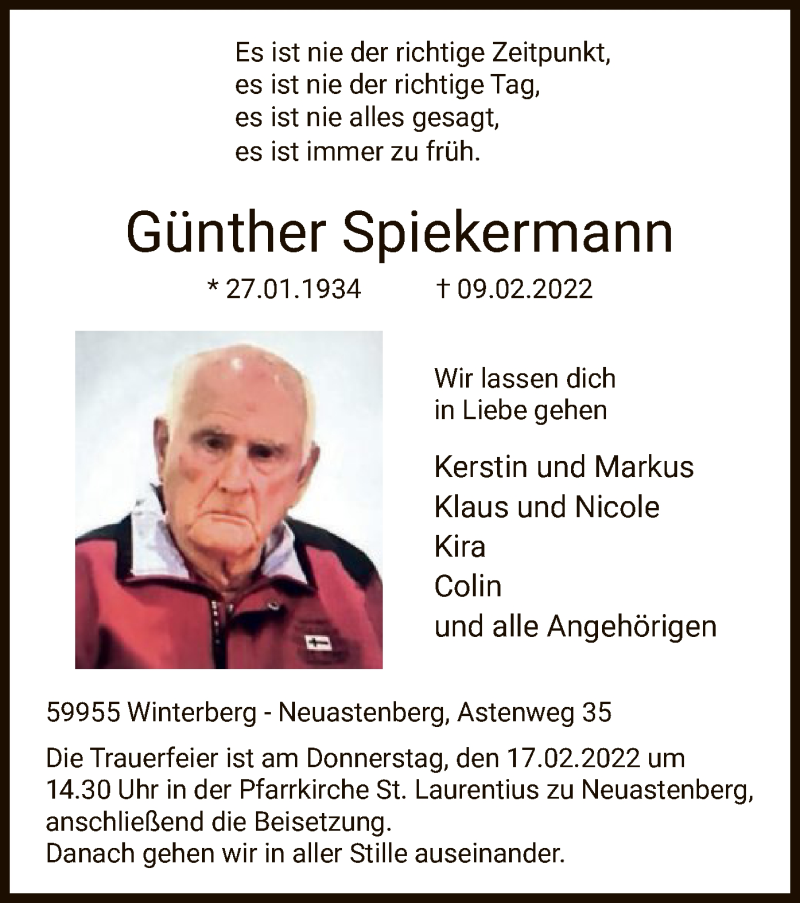  Traueranzeige für Günther Spiekermann vom 12.02.2022 aus WA