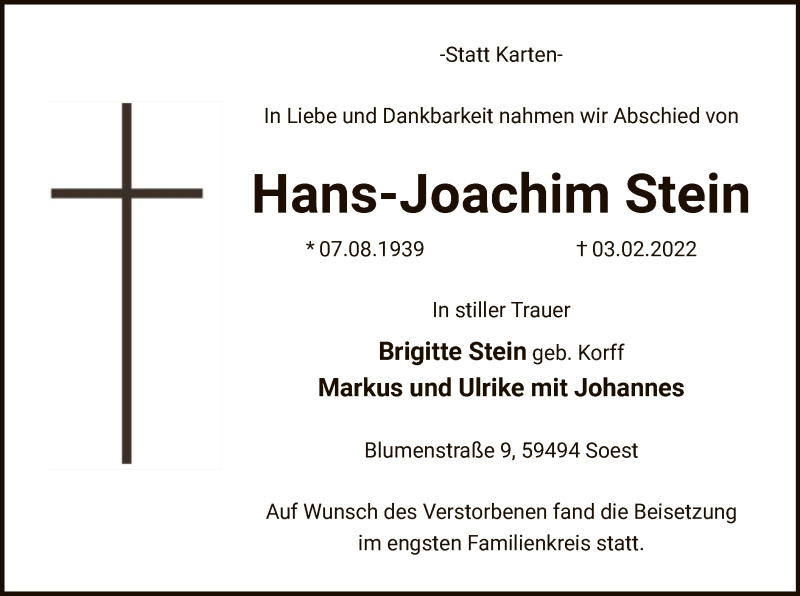  Traueranzeige für Hans-Joachim Stein vom 11.02.2022 aus WA