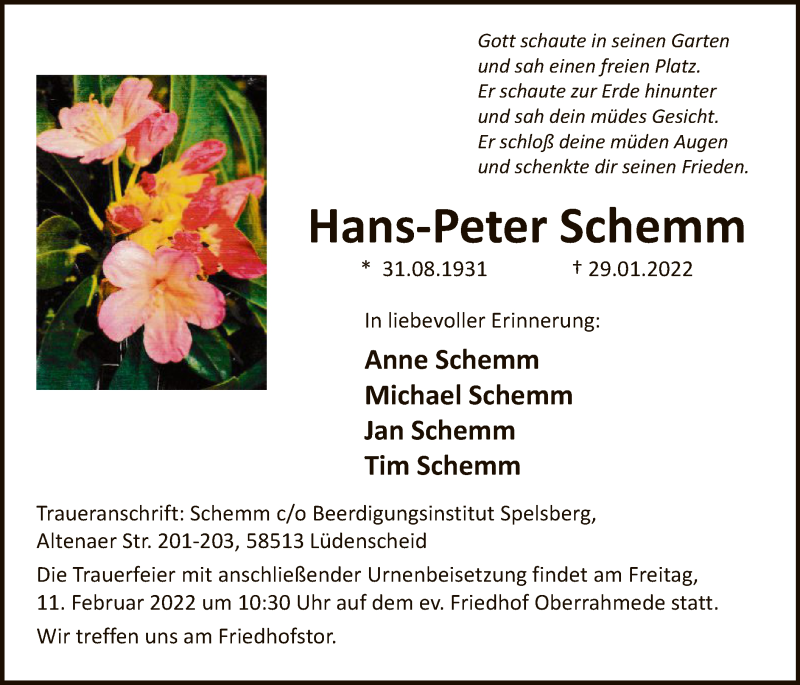  Traueranzeige für Hans-Peter Schemm vom 05.02.2022 aus WA