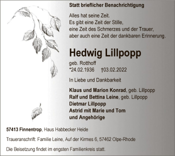 Traueranzeige von Hedwig Lillpopp von WA