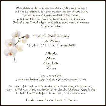 Traueranzeige von Heidi Fellmann von WA