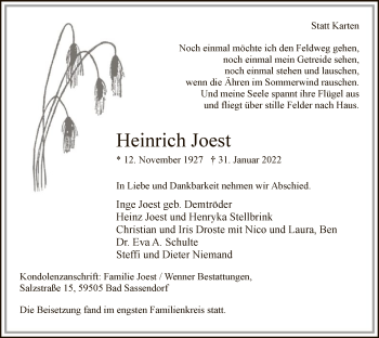 Traueranzeige von Heinrich Joest von WA