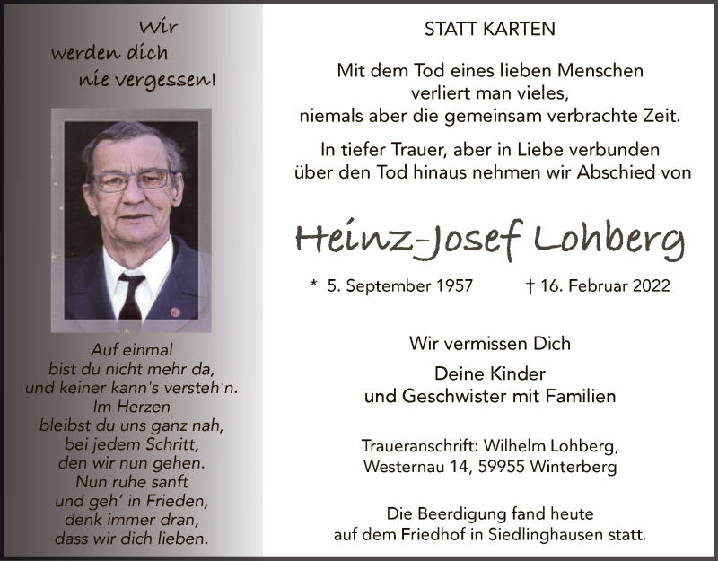  Traueranzeige für Heinz-Josef Lohberg vom 26.02.2022 aus WA