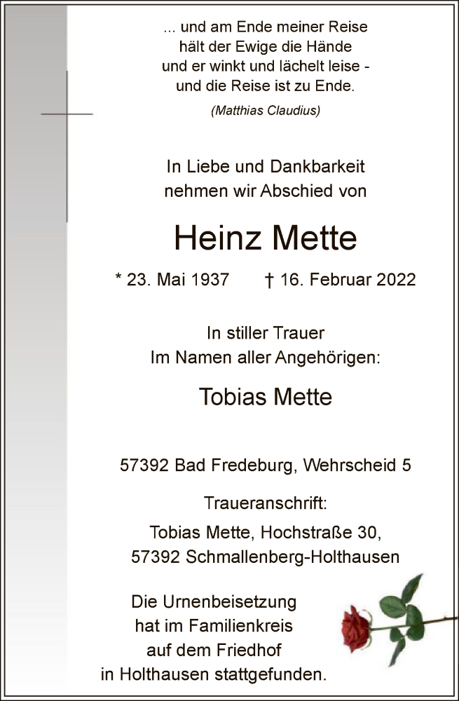  Traueranzeige für Heinz Mette vom 26.02.2022 aus WA