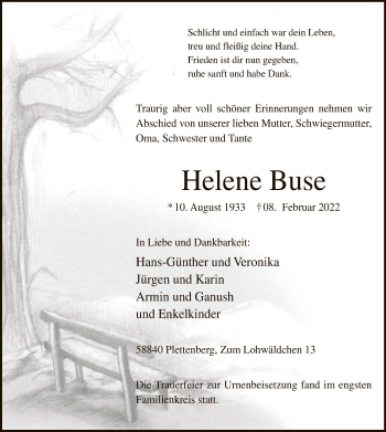 Traueranzeige von Helene Buse von WA