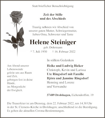 Traueranzeige von Helene Steiniger von WA