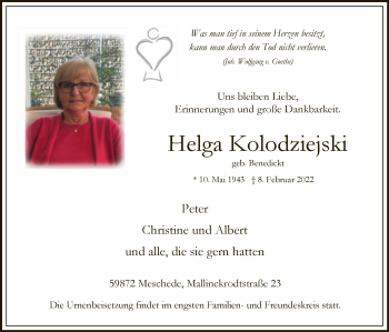 Traueranzeige von Helga Kolodziejski von WA