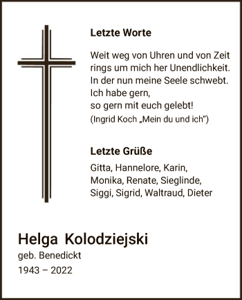 Traueranzeige von Helga Kolodziejski von WA