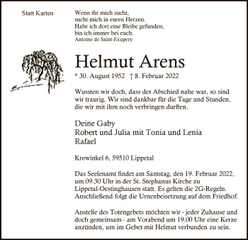 Traueranzeige von Helmut Arens von WA