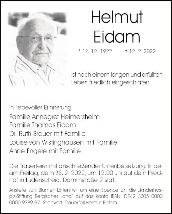 Traueranzeige von Helmut Eidam von WA