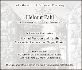Traueranzeige von Helmut Pahl von WA