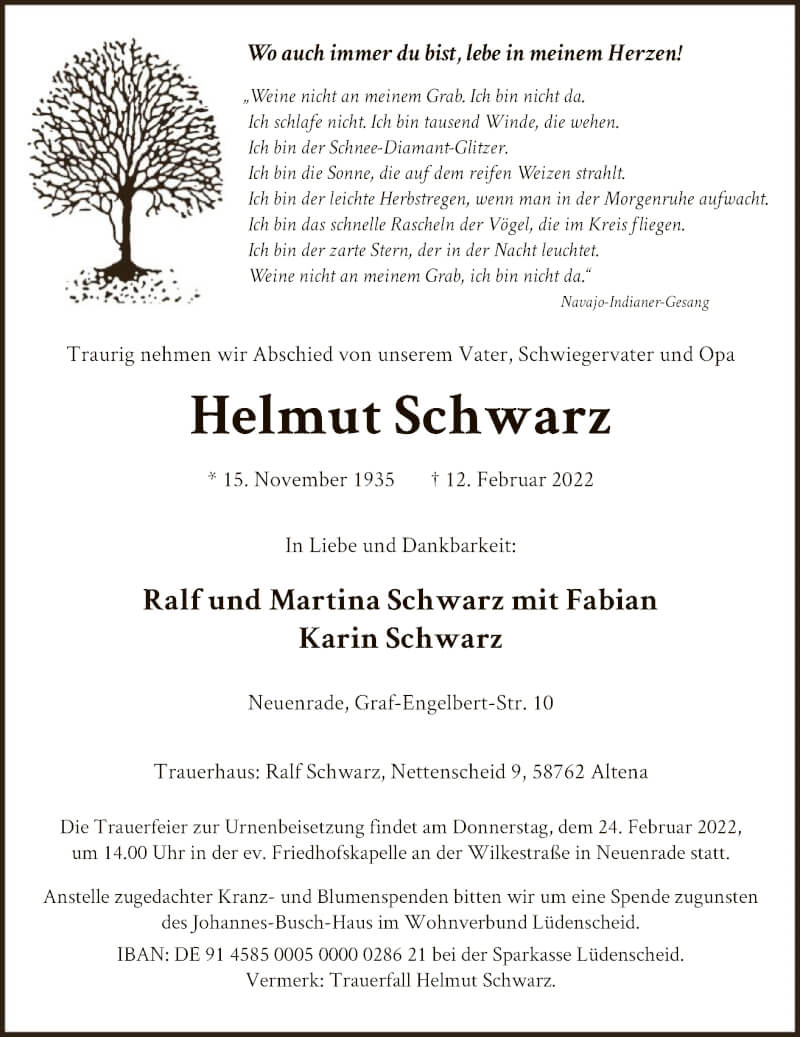  Traueranzeige für Helmut Schwarz vom 19.02.2022 aus WA